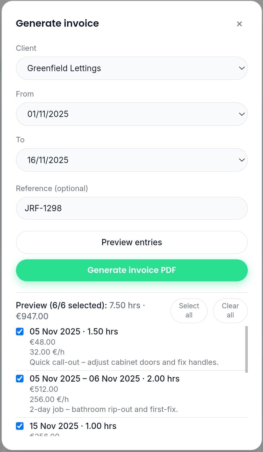 Invozer generate invoice flow in the invoicing app