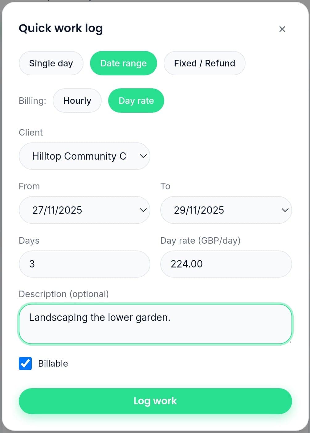 Invozer quick work log screen showing simple invoicing for freelancers and small businesses